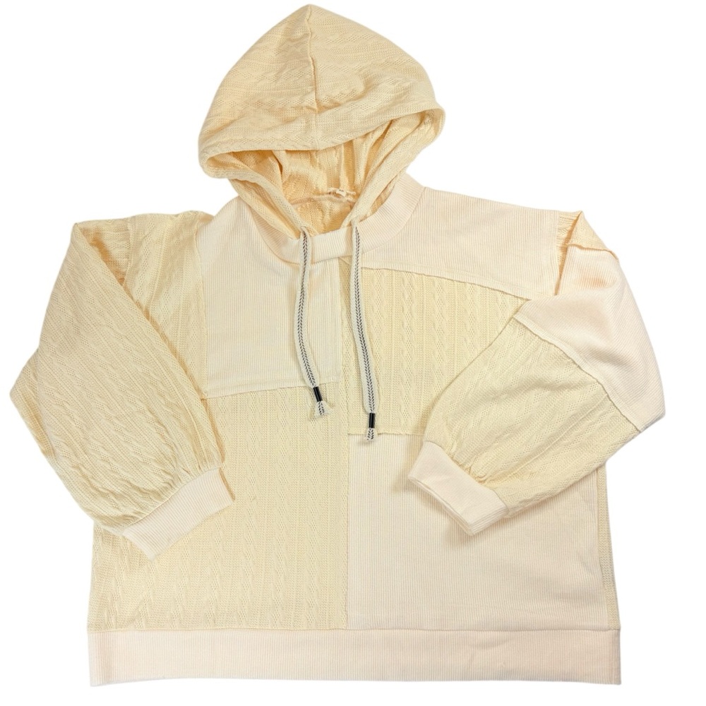 POL Cream Cable Knit Patchwork Hoodie Size M Oversized Boho Cozy